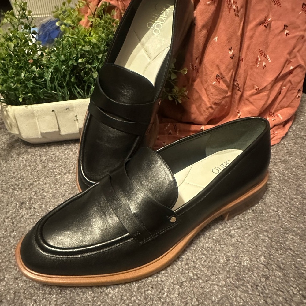 Franco Sarto Black Leather Loafers with Tan Soles